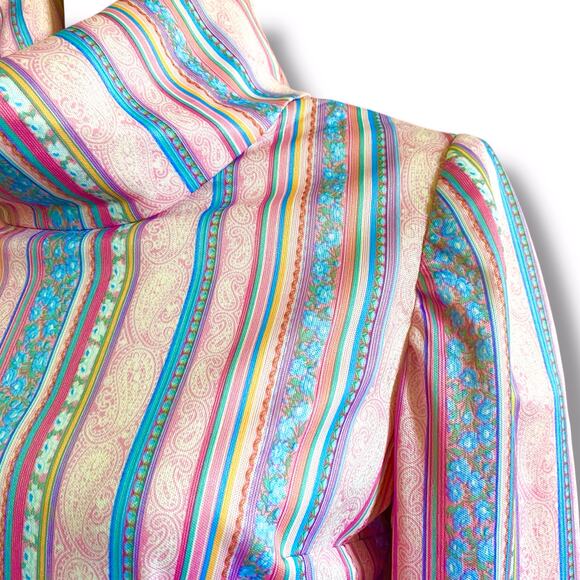 VNTG 70s Handmade Turtle Neck Top Sz S/M Pink Floral Stripe Indie Funky - Picture 2 of 10